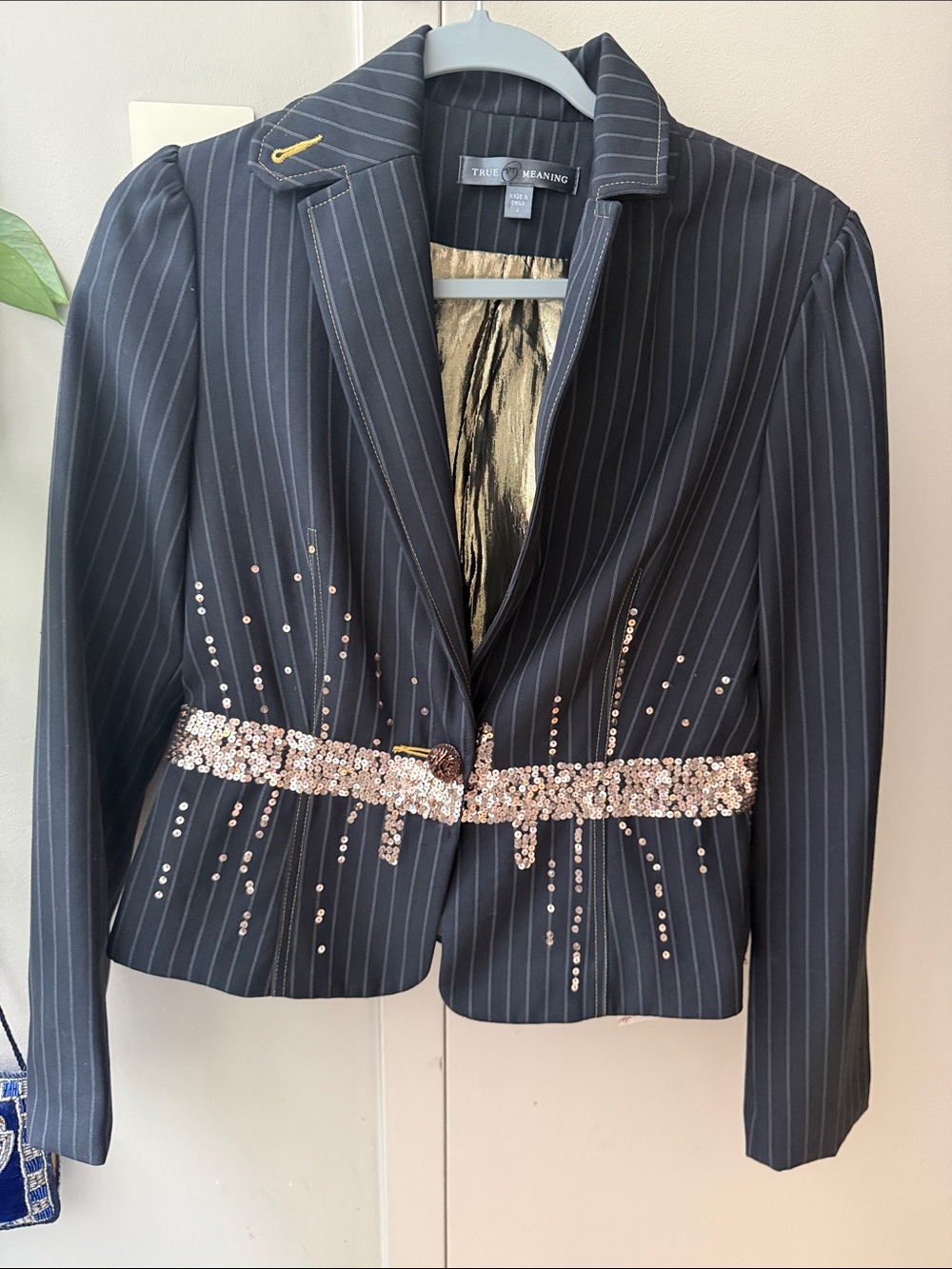 True Meaning Navy Pinstripe Blazer with Gold Sequin Waist Accent